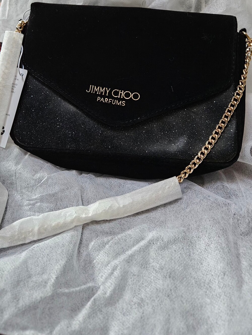 Jimmy Choo Parfums Black Velvet & Glitter Gold Chain Crossbody Bag Clutch